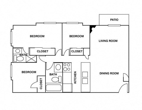 Floor plan for 3 beds, 2 baths, 1004 sqft